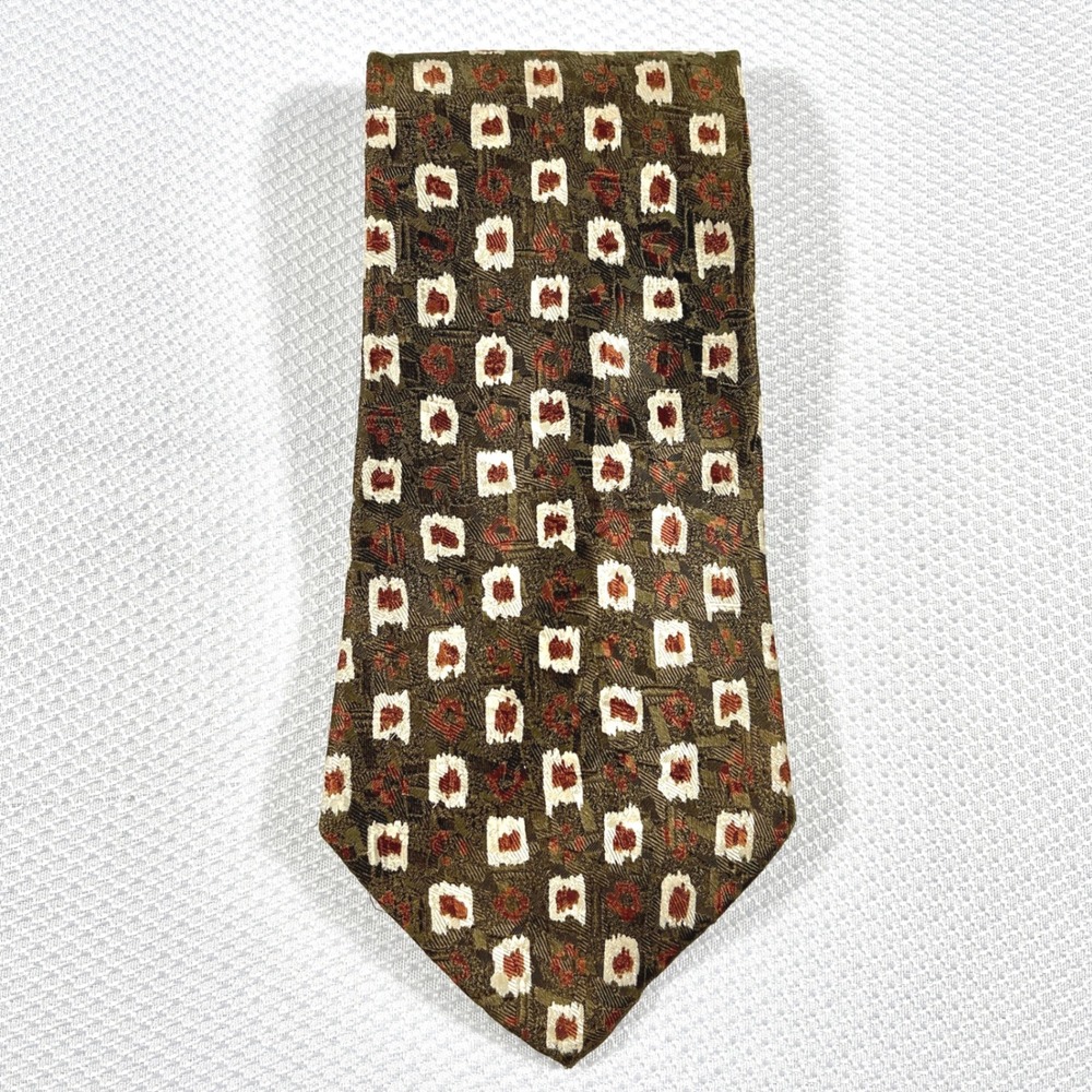 Barbara Blank Mens Silk Tie Olive Green Geometric Square Pattern Handmade USA